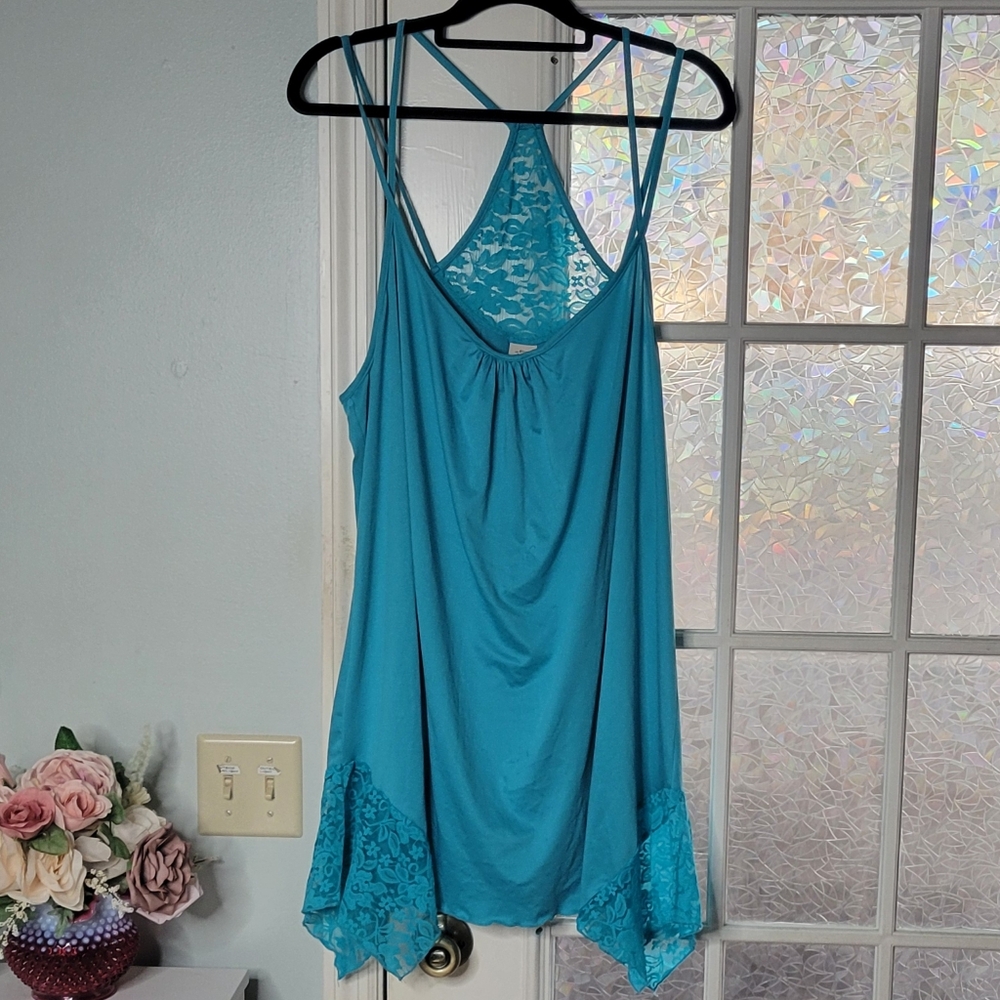 In Bloom by Jonquil Tiffany Blue Lace Trim Spaghetti Strap Nightgown Chemise